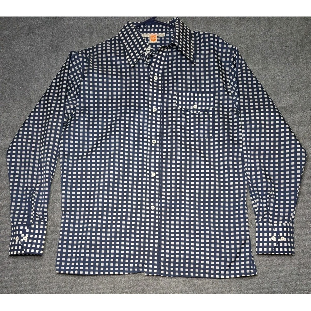 Vintage SKYR Checkered Mens Shirt L 100% nylon Long Sleeve Button Down Navy Blue